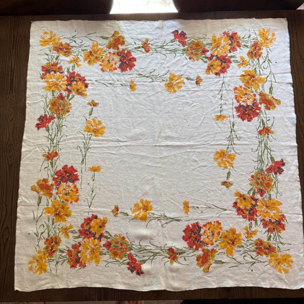 Vintage Linen Tablecloth 38x37 Orange Yellow Floral MCM Square Fall Flowers
